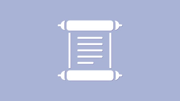 Bílý výnos, papír, pergamen, ikona svitku izolované na fialovém pozadí. Grafická animace pohybu videa 4K — Stock video