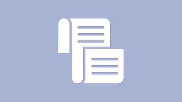 Bílý výnos, papír, pergamen, ikona svitku izolované na fialovém pozadí. Grafická animace pohybu videa 4K