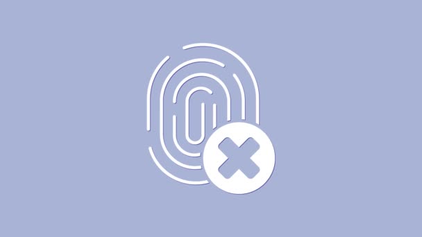 Icona di impronta digitale cancellata bianca isolata su sfondo viola. Accesso negato per il concetto di utente. Errore, frode. Segno di identificazione. Toccare id. Animazione grafica 4K Video motion — Video Stock