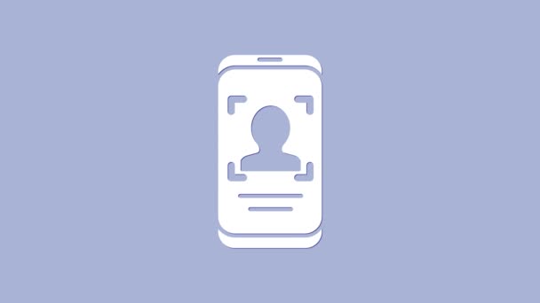 White Mobile phone and face recognition icon isolated on purple background. Face identification scanner icon. Facial id. Cyber security. 4K Video motion graphic animation — Stock Video