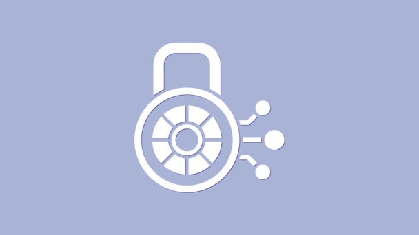 Icona di sicurezza informatica bianca isolata su sfondo viola. Lucchetto chiuso su circuito digitale. Concetto sicurezza. Protezione dei dati digitali. Animazione grafica 4K Video motion — Video Stock