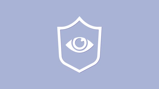 Bílý štít a ikona oka izolované na fialovém pozadí. Zabezpečení, bezpečnost, ochrana, ochrana soukromí. Grafická animace pohybu videa 4K — Stock video
