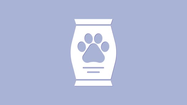 Bolsa blanca de comida para perro icono aislado sobre fondo púrpura. Huella de pata de perro o gato. Comida para animales. Paquete de alimentos para mascotas. Animación gráfica de vídeo 4K — Vídeo de stock