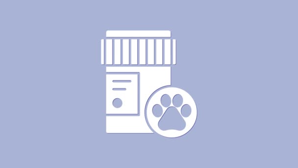 Icono de la botella de medicina White Dog aislado sobre fondo púrpura. Contenedor con pastillas. Medicina de prescripción para animales. Animación gráfica de vídeo 4K — Vídeo de stock