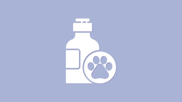 Λευκό κατοικίδιο ζώο εικονίδιο σαμπουάν απομονώνονται σε μωβ φόντο. Πινακίδα φροντίδας κατοικίδιων. Σύμβολο καθαρισμού σκυλιών. 4K Γραφική κίνηση κίνησης βίντεο — Αρχείο Βίντεο