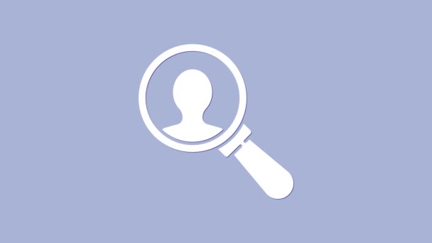 Weiße Lupe für die Suche nach einem Menschen-Symbol auf violettem Hintergrund. Rekrutierungs- oder Auswahlkonzept. Suche nach Mitarbeitern und Arbeit. 4K Video Motion Grafik Animation — Stockvideo