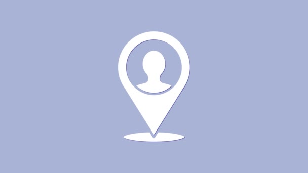 紫色の背景に隔離された人のアイコンのシルエットを持つホワイトマップマーカー。GPS位置記号。4Kビデオモーショングラフィックアニメーション — ストック動画