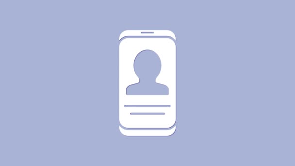 Weißes Mobiltelefon mit Lebenslauf-Symbol auf violettem Hintergrund. Lebenslauf-Bewerbung. Suche nach professionellem Personal. Die Personalanalysen laufen weiter. 4K Video Motion Grafik Animation — Stockvideo