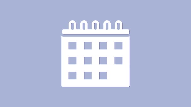 Fehér naptár ikon elszigetelt lila háttér. Eseményemlékeztető szimbólum. 4K Videó mozgás grafikus animáció — Stock videók