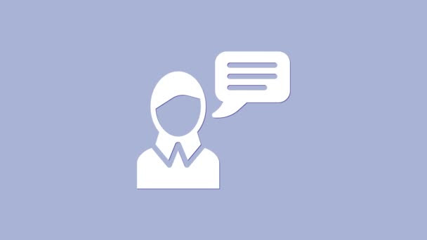 White Speech ícone de bate-papo bolha isolado no fundo roxo. Ícone da mensagem. Comunicação ou comentário símbolo de chat. Animação gráfica em movimento de vídeo 4K — Vídeo de Stock