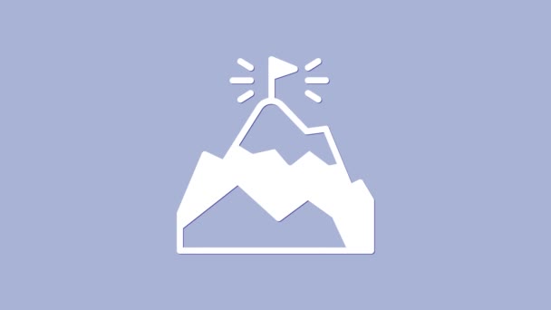 Montanhas brancas com bandeira no ícone superior isolado no fundo roxo. Símbolo de vitória ou conceito de sucesso. Objetivo alcançado. Animação gráfica em movimento de vídeo 4K — Vídeo de Stock