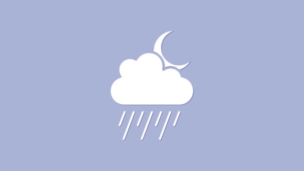 Λευκό σύννεφο με βροχή και φεγγάρι εικονίδιο απομονώνονται σε μωβ φόντο. Βροχή σύννεφο βροχόπτωση με σταγόνες βροχής. 4K Γραφική κίνηση κίνησης βίντεο — Αρχείο Βίντεο