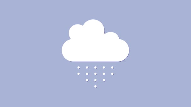 雨のアイコンが紫色の背景に隔離された白い雲。雨滴と雨の雲の降水量。4Kビデオモーショングラフィックアニメーション — ストック動画