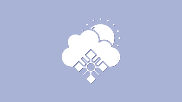 Nuvola Bianca con icona di neve e sole isolata su sfondo viola. Nuvola con fiocchi di neve. Icona del tempo singolo. Segno di neve. Animazione grafica 4K Video motion — Video Stock