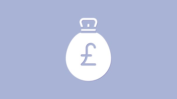 白色钱袋与英镑图标隔离紫色背景。英镑的货币符号。4K视频运动图形动画 — 图库视频影像