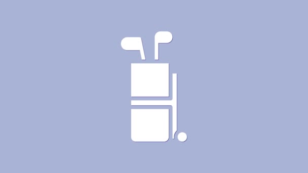 Bílá golfová taška s ikonou hole izolované na fialovém pozadí. Grafická animace pohybu videa 4K — Stock video