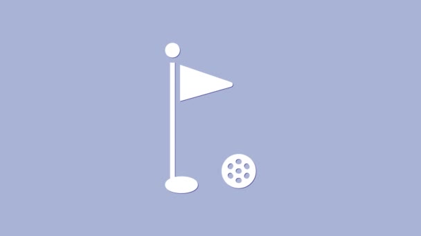 紫色の背景に隔離された白いゴルフ旗のアイコン。ゴルフ用具か付属品。4Kビデオモーショングラフィックアニメーション — ストック動画