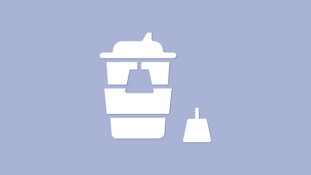 ホワイトコーヒーカップは、紫色の背景にアイコンを隔離移動します。4Kビデオモーショングラフィックアニメーション — ストック動画