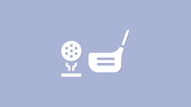 Bandera de golf blanco y pelota de golf en el icono de la camiseta aislado sobre fondo púrpura. Equipo de golf o accesorio. Animación gráfica de vídeo 4K — Vídeo de stock