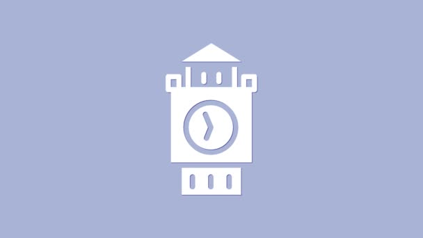 Biały Big Ben ikona wieży izolowane na fioletowym tle. Symbol Londynu i Zjednoczonego Królestwa. 4K Animacja graficzna ruchu wideo — Wideo stockowe