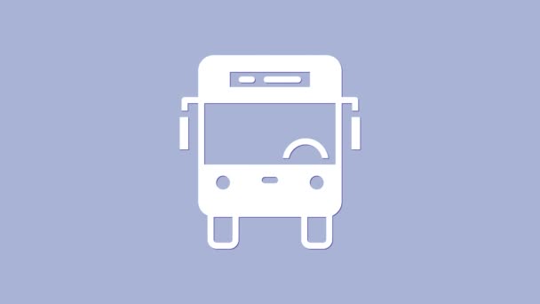 Icono del autobús blanco aislado sobre fondo púrpura. Concepto de transporte. Autobús señal de transporte turístico. Símbolo turístico o de vehículo público. Animación gráfica de vídeo 4K — Vídeos de Stock