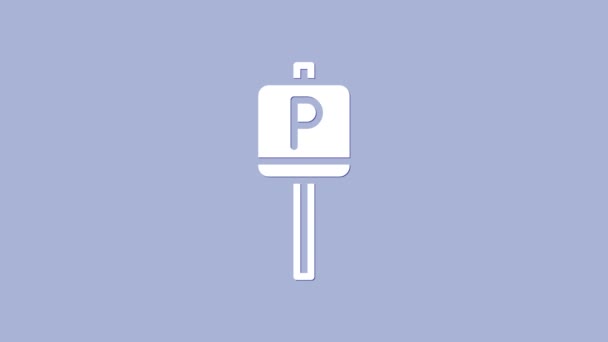 Icono de aparcamiento blanco aislado sobre fondo púrpura. Señal de calle. Animación gráfica de vídeo 4K — Vídeo de stock