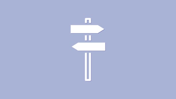 Ein weißes Verkehrsschild. Wegweiser-Symbol isoliert auf lila Hintergrund. Zeigersymbol. Straßeninformationsschild. Wegweiser. 4K Video Motion Grafik Animation — Stockvideo