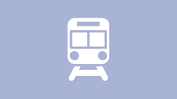 Beyaz Tren ve demiryolu ikonu mor arka planda izole edildi. Toplu taşıma sembolü. Metro treni nakliyesi. Metro yeraltı. 4K Video hareketli grafik canlandırması — Stok video