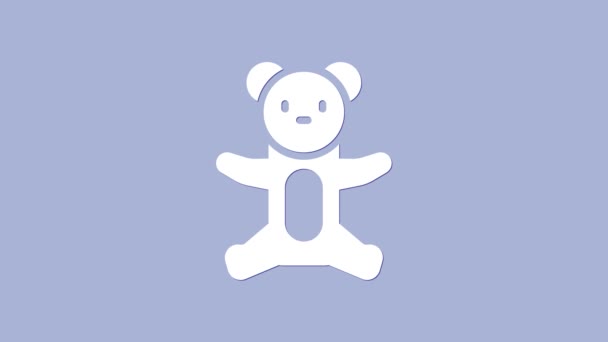 Белый плюшевый значок плюшевой игрушки Тедди изолирован на фиолетовом фоне. Видеографическая анимация 4K — стоковое видео