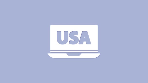 Estados Unidos blancos de América en el icono del ordenador portátil aislado en el fondo púrpura. Animación gráfica de vídeo 4K — Vídeos de Stock