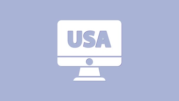 Белые США Соединенные Штаты Америки на мониторе значок изолирован на фиолетовом фоне. Видеографическая анимация 4K — стоковое видео