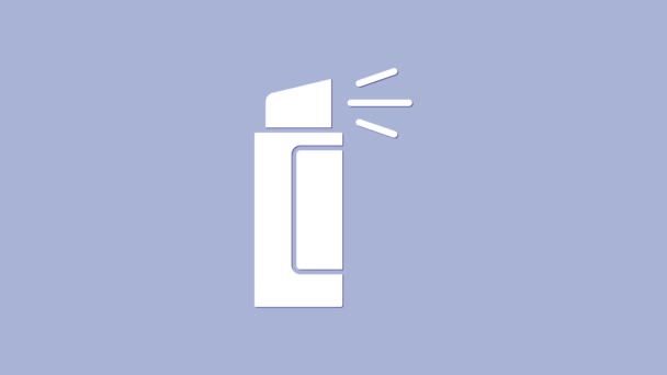 Ícone de spray de pimenta branca isolado no fundo roxo. Gás de CO. Aerossol de autodefesa Capsicum. Animação gráfica em movimento de vídeo 4K — Vídeo de Stock