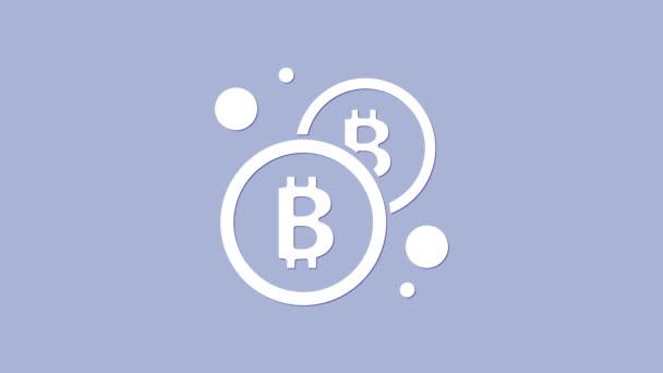 Mor zemin üzerinde izole edilmiş beyaz kripto para sikkesi Bitcoin simgesi. Madeni para. Engelleme zinciri tabanlı şifreli para birimi. 4K Video hareketli grafik canlandırması — Stok video