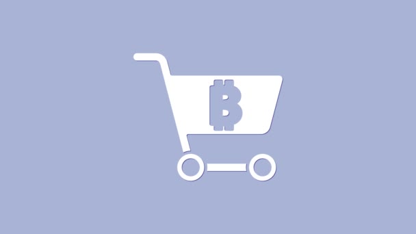 Bílý nákupní košík s ikonou bitcoinu izolované na fialovém pozadí. Online platba. Výběr hotovosti. Moderní způsob platby. Grafická animace pohybu videa 4K — Stock video