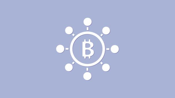 Biała technologia Blockchain Ikona Bitcoin odizolowana na fioletowym tle. Abstrakcyjny geometryczny biznes technologii sieci blokowych. 4K Animacja graficzna ruchu wideo — Wideo stockowe