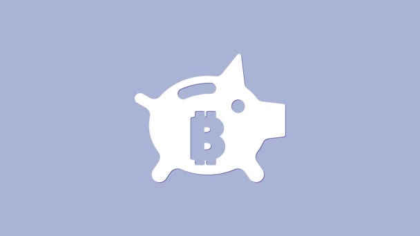 Weißes Sparschwein-Bitcoin-Symbol isoliert auf violettem Hintergrund. Ikonensparen oder Geldanhäufung, Investition. 4K Video Motion Grafik Animation — Stockvideo