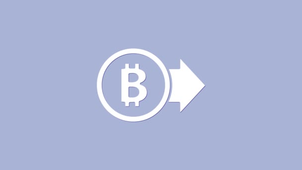 На фиолетовом фоне выделена иконка White Cryptocurrency coin Bitcoin. Физическая монета. Безопасная криптовалюта на основе блокчейна. Видеографическая анимация 4K — стоковое видео