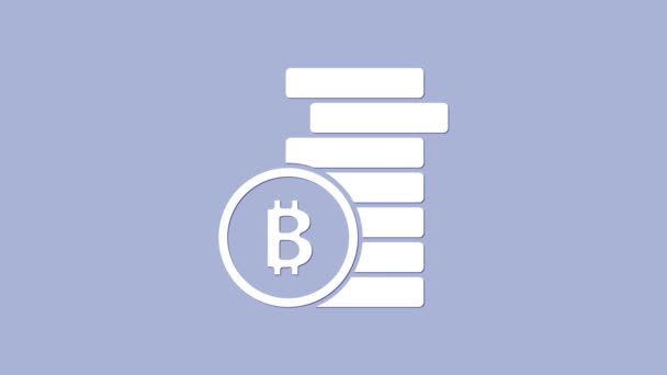 На фиолетовом фоне выделена иконка White Cryptocurrency coin Bitcoin. Физическая монета. Безопасная криптовалюта на основе блокчейна. Видеографическая анимация 4K — стоковое видео