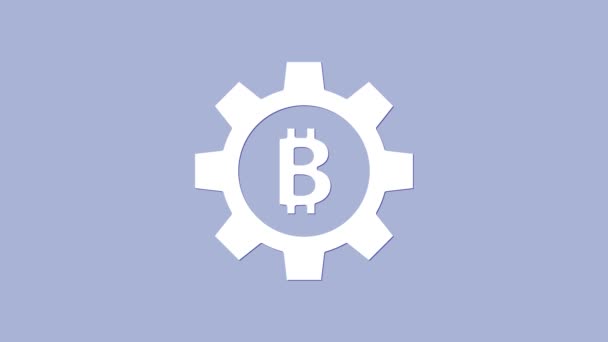 На фиолетовом фоне выделена иконка White Cryptocurrency coin Bitcoin. Настройка передачи и биткойна. Безопасная криптовалюта на основе блокчейна. Видеографическая анимация 4K — стоковое видео