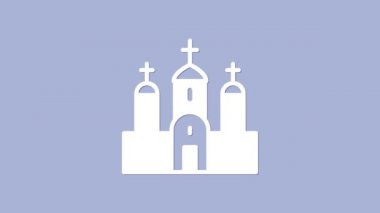 Beyaz Kilise binası ikonu, mor arka planda izole edilmiş. Hıristiyan Kilisesi. Kilisenin dini. 4K Video hareketli grafik canlandırması