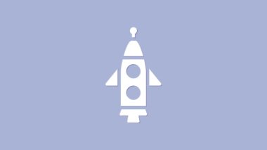 Beyaz Roket gemisi simgesi mor arkaplanda izole edildi. Uzay yolculuğu. 4K Video hareketli grafik canlandırması