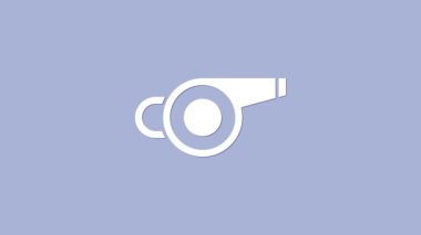 Beyaz Düdük simgesi mor arkaplanda izole edildi. Hakem sembolü. Spor ve spor burcu. 4K Video hareketli grafik canlandırması