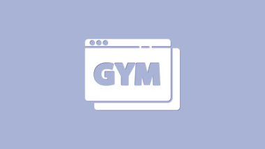 Beyaz Çevrimiçi fitness ve eğitim ikonu mor arka planda izole edildi. 4K Video hareketli grafik canlandırması