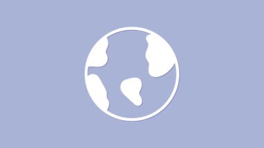 Beyaz Dünya küre simgesi mor arkaplanda izole edilmiş. Dünya ya da Dünya işareti. Küresel internet sembolü. Geometrik şekiller. 4K Video hareketli grafik canlandırması