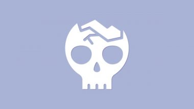 Kırık beyaz kafatası simgesi mor arka planda izole edilmiş. 4K Video hareketli grafik canlandırması