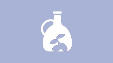 Mor arka planda beyaz zeytinyağı ikonu izole edilmiş. Zeytinyağı ikonlu sürahi. 4K Video hareketli grafik canlandırması