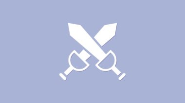 Beyaz Haçlı Ortaçağ kılıç ikonu, mor arka planda izole edilmiş. Ortaçağ silahı. 4K Video hareketli grafik canlandırması