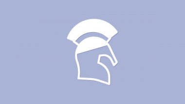 Beyaz Yunan miğfer simgesi mor arkaplanda izole edilmiş. Tüylü ya da at tüylü askerleri korumak için antika miğfer. 4K Video hareketli grafik canlandırması