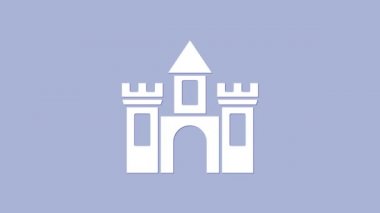 Beyaz Kale simgesi mor arkaplanda izole edilmiş. Kulesi olan bir ortaçağ kalesi. Düşmanlardan koruma. Şehrin güvenilirliği ve savunması. 4K Video hareketli grafik canlandırması