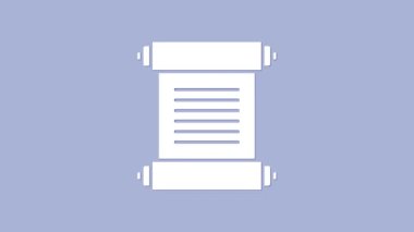 Beyaz KHK, kağıt, parşömen, parşömen simgesi mor arkaplanda izole edilmiş. 4K Video hareketli grafik canlandırması